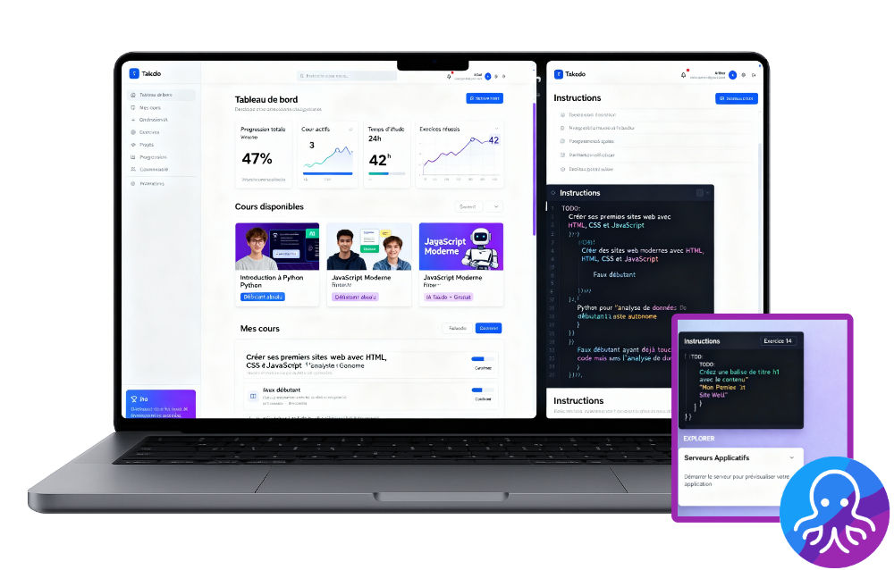 Vue de la plateforme Takodo montrant le tableau de bord, les cours, exercices et l'interface de codage